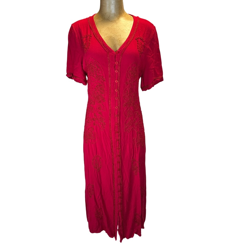 Expressions Red Embroidered Button Front Rayon Midi Dress Large Boho Cottagecore